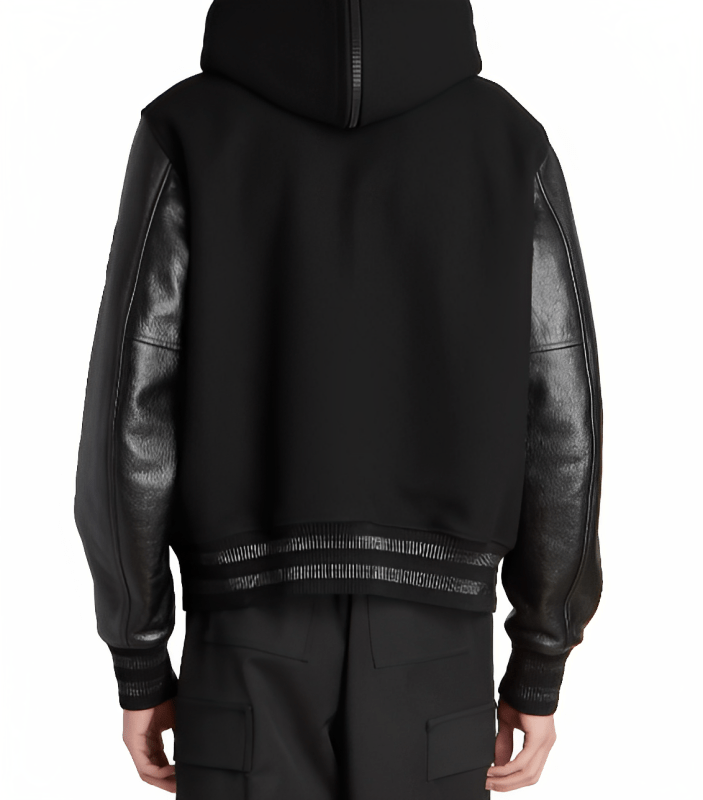 Men's Varsity Bomber Leather Jacket In Black With Hood