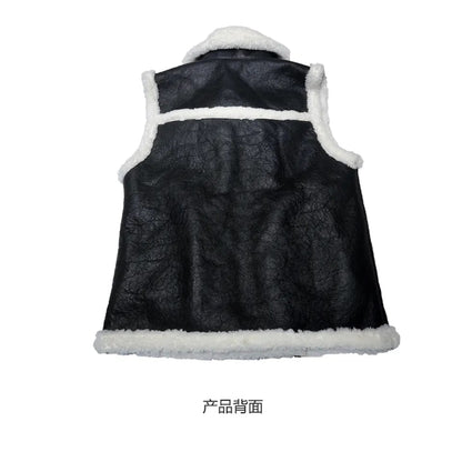 Men's Shearling Leather Vest In Black With Crackle Texture