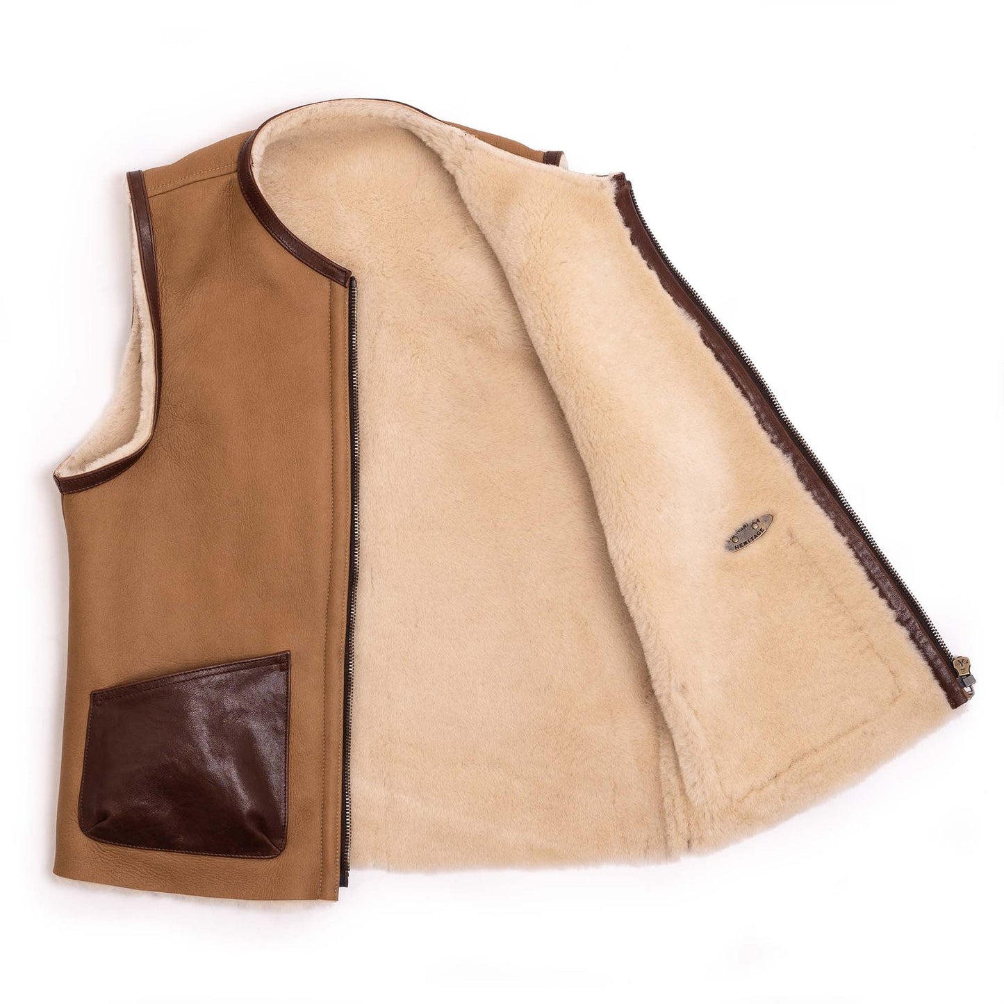 Men's Shearling Leather Vest In Beige With Patch Pockets