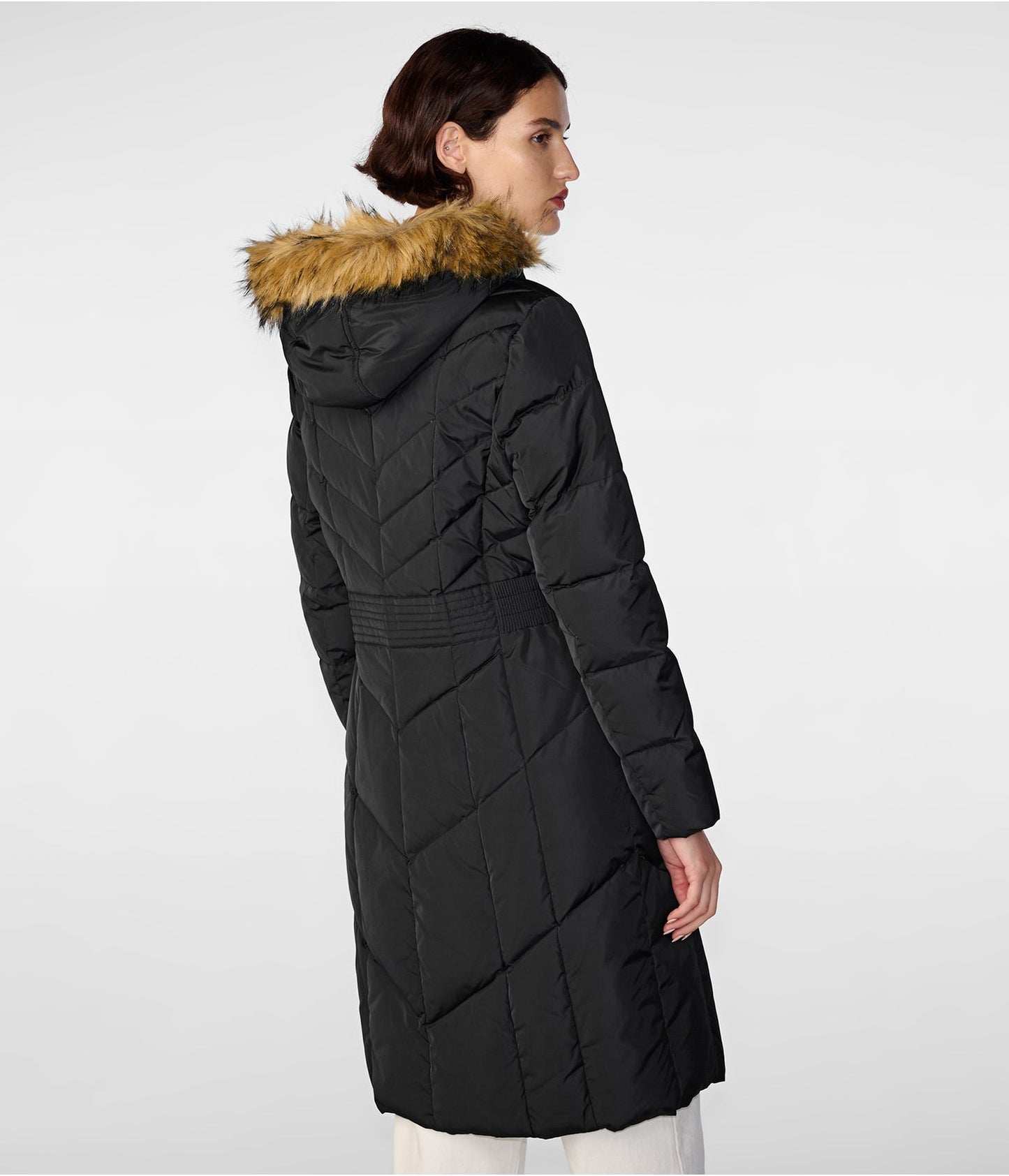 Women's Fur Hooded Puffer Trench Coat In Black