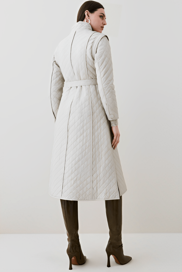 Women's Quilted Leather Trench Coat in Off-White