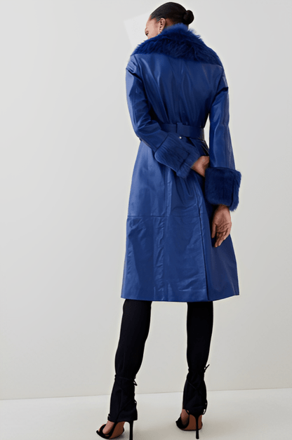 Women's Shearling Leather Coat In Blue With Fur Collar