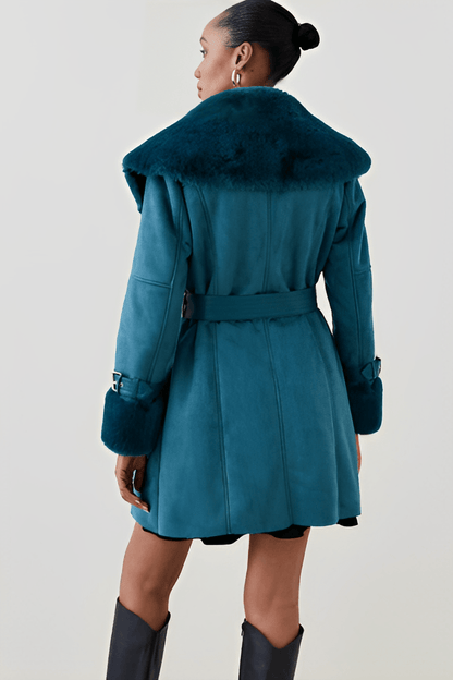 Women's Suede Leather Shearling Coat In Royal Blue