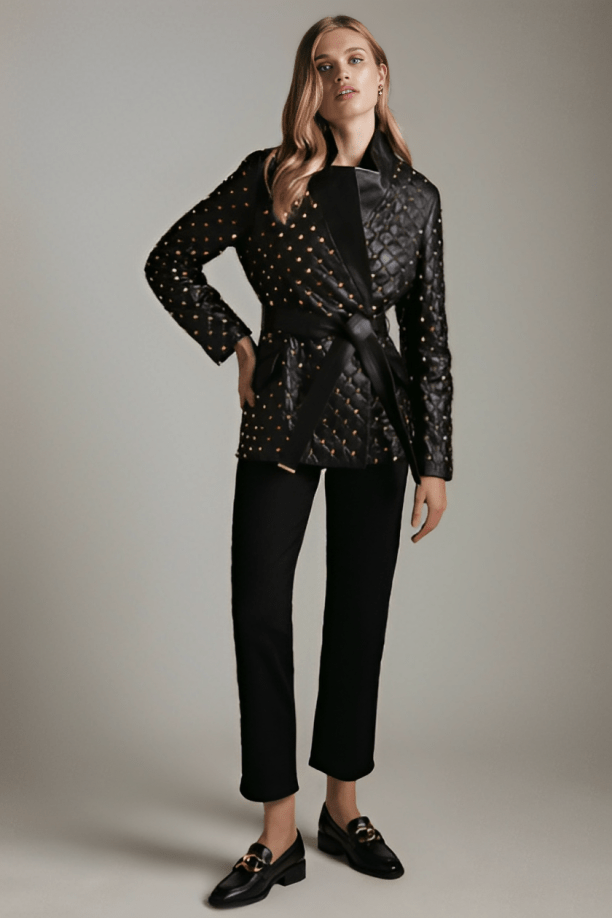 Women's Gold Studded Leather Blazer In Black
