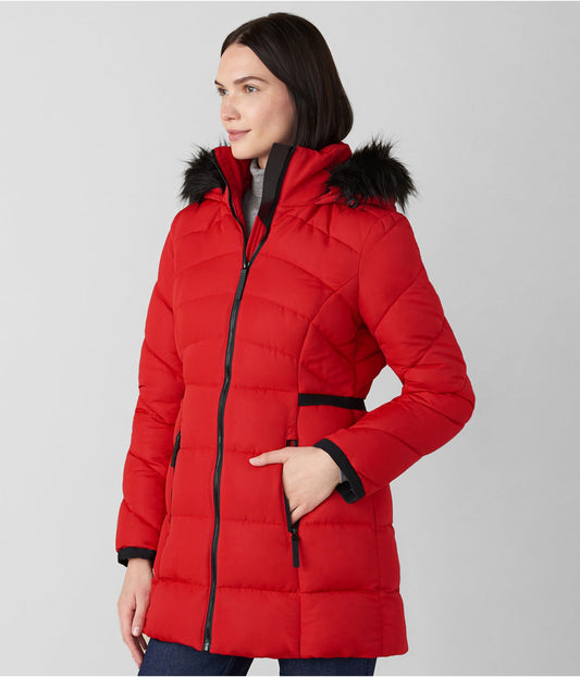 Women's Fur Hooded Puffer Coat In Red
