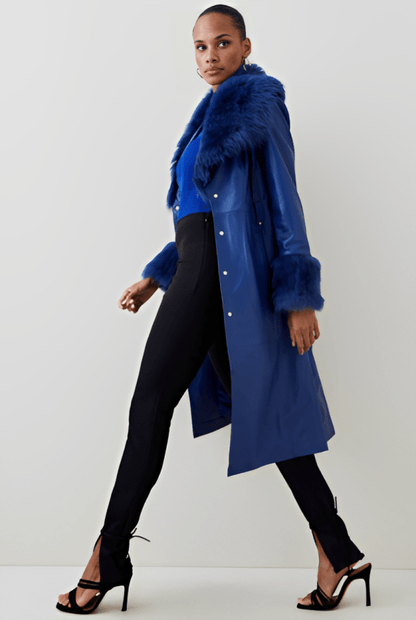 Women's Shearling Leather Coat In Blue With Fur Collar