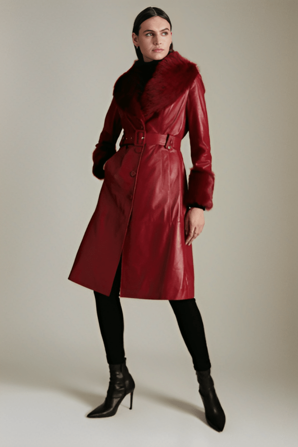 Women's Shearling Leather Coat In Red With Fur Collar