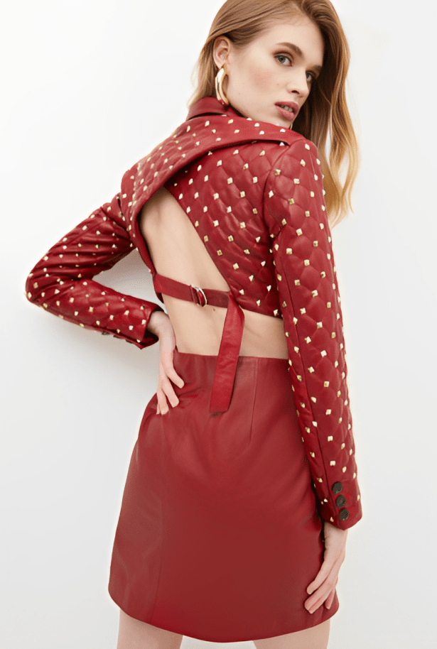 Women's Quilted Studded Leather Blazer In Red
