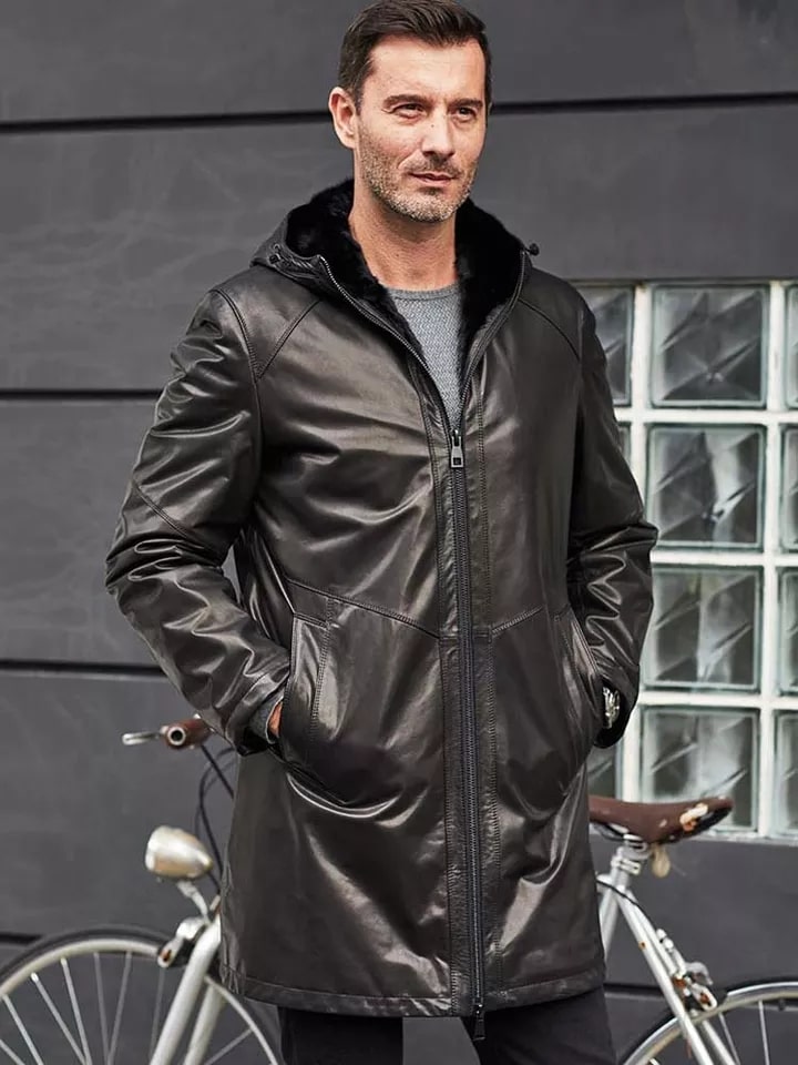 Men's Fur Sheepskin Leather Coat In Black With Hood