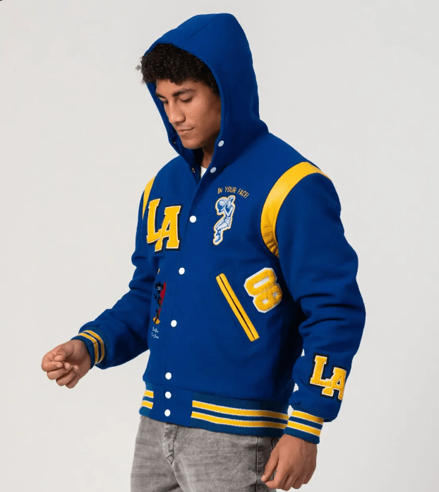 Los Angeles Limited Edition Varsity Bomber Jacket In Blue With Hood