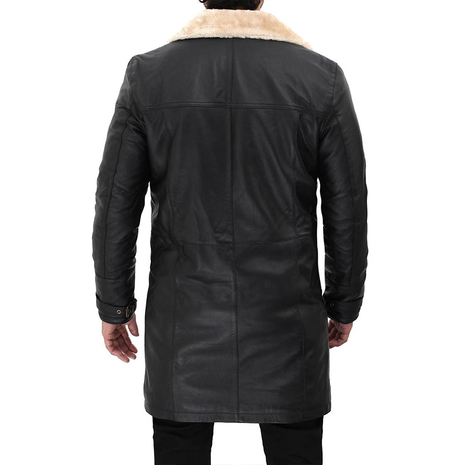 Biege Shearling Black Leather Coat Mens