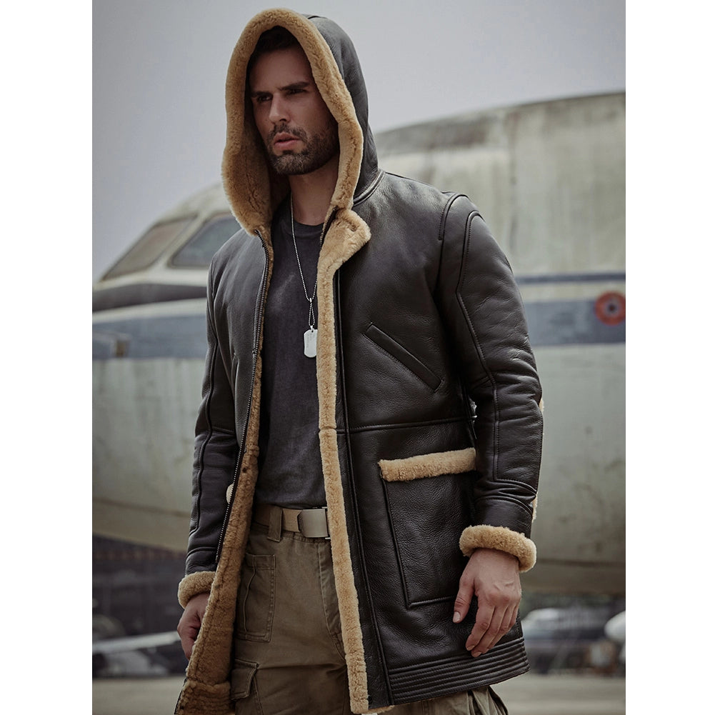 Men's B7 Bomber Sheepskin Leather Coat In Dark Brown With Hood