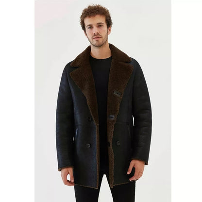 Men's Dark Brown Fur Shearling Leather Coat In Black