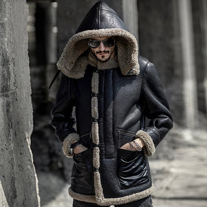 Men's Double Sided B7 Gray Fur Shearling Leather Coat In Black With Removable Hood