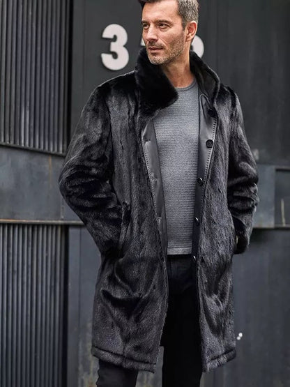 Men's Double Sided Long Fur Shearling Leather Coat In Black