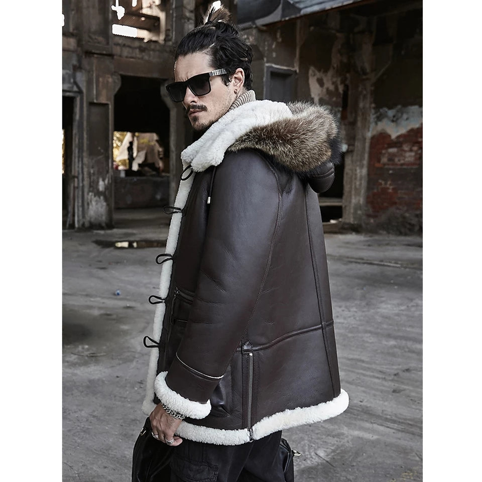 Men's Double Sided Shearling Fur Leather Coat In Dark Brown With Removable Hood