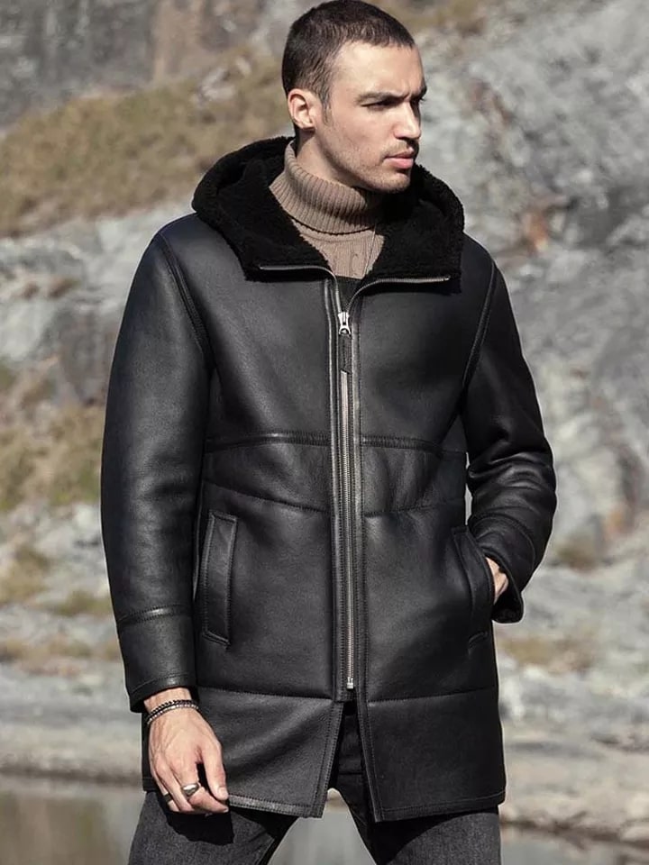 Men's Double Sided Shearling Leather Coat In Black With Hood