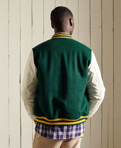 Men's Varsity Letterman Leather Jacket In Green & White Sleeves