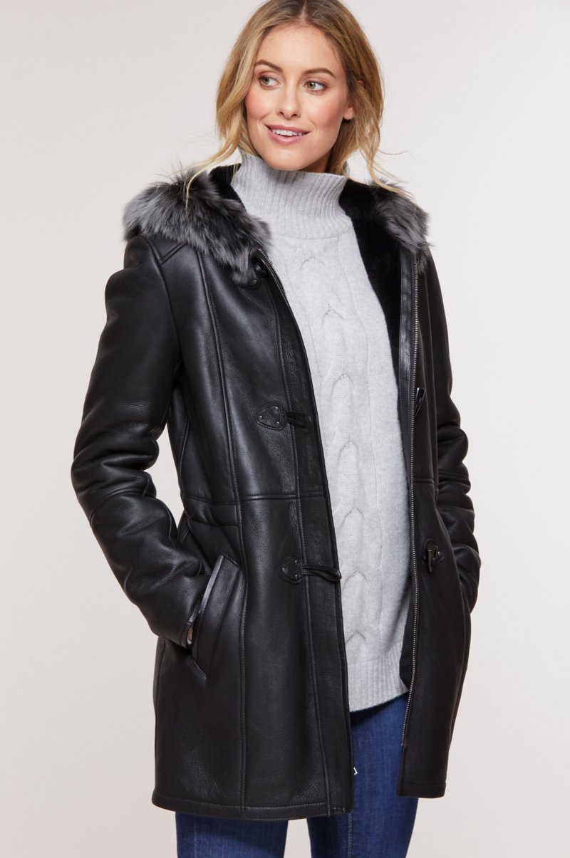 Women's Fur Sheepskin Parka Leather Coat In Black
