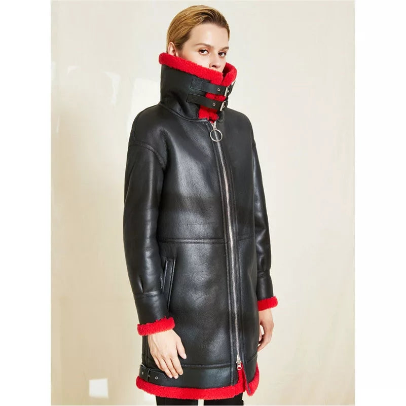 Women's Red Fur Sheepskin Leather Coat In Black