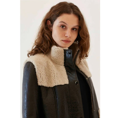 Women's Sheepskin Fur Leather Coat In Dark Brown