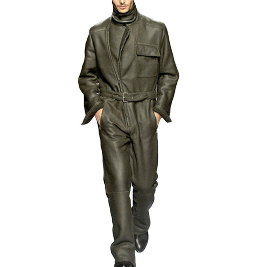 Pleated Sleeves Men Leather Trendy Jumpsuit