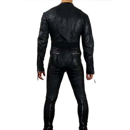 Fabric Insert Men Designer Style Leather Jumpsuit
