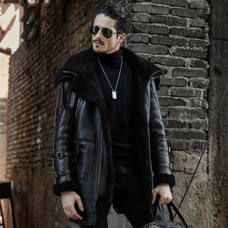 Men's B7 Bomber Sheepskin Leather Coat In Black With Oversized Collar