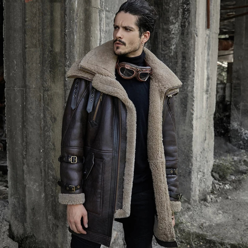 Men's B7 Bomber Sheepskin Leather Coat In Dark Brown With Oversized Collar
