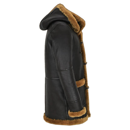 Men’s Black Shearling Coat with Hood