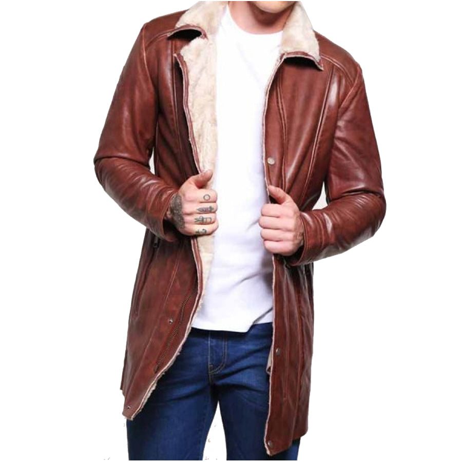 Mens Brown Leather Mid-Length Shearling Coat