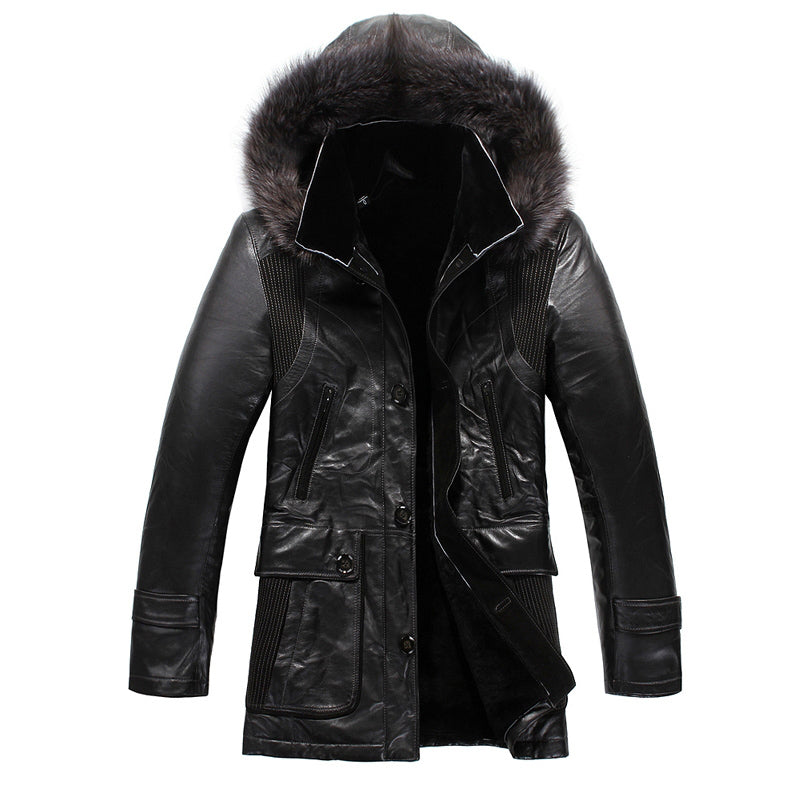 Men's Designer Black Lamb Fur Lined Leather Hooded Coats