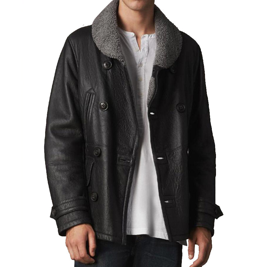 Mens Double Breasted Shearling Black Pea Coat