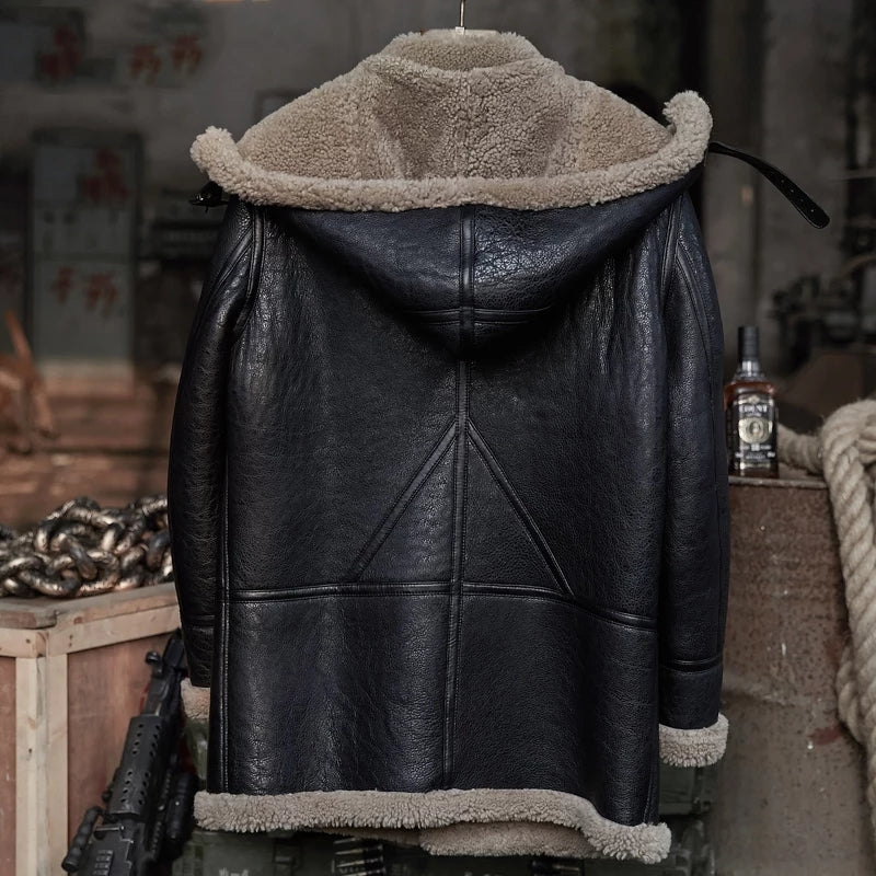 Men's Double Sided B7 Gray Fur Shearling Leather Coat In Black With Removable Hood