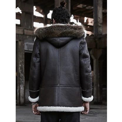 Men's Double Sided Shearling Fur Leather Coat In Dark Brown With Removable Hood