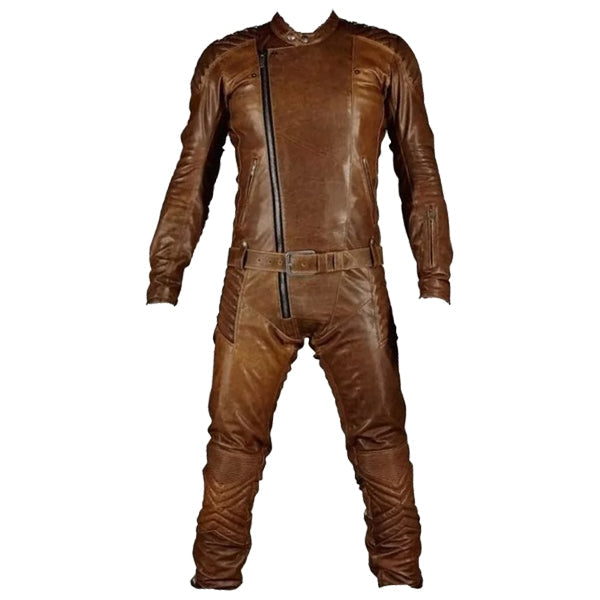 Mens Elegant Style Real Sheepskin Vintage Brown Leather Jumpsuit
