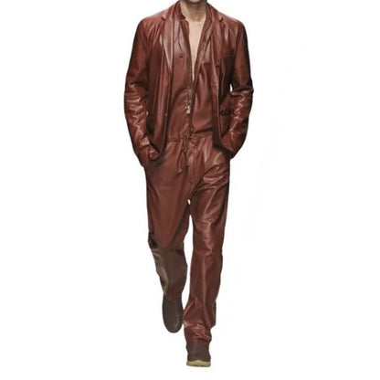 Mens Glamorous Real Sheepskin Brown Leather Jumpsuit With Blazer