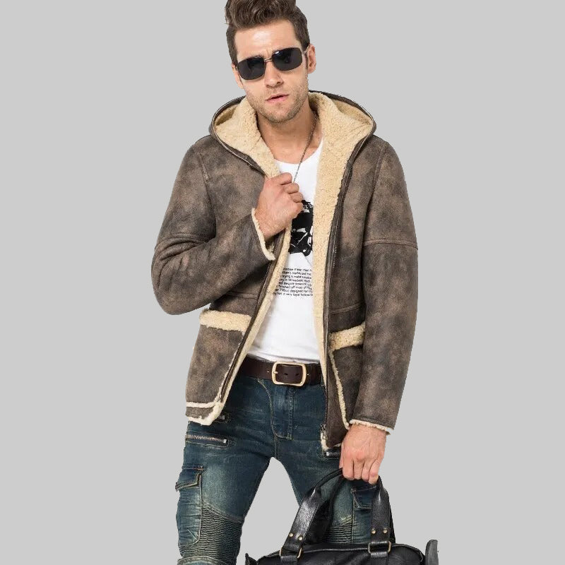 Men's Gray Shearling Hooded Long Fur Coat - Flight Jacket