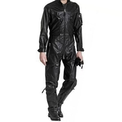 Mens High Fashion Real Sheepskin Black Leather Jumpsuit