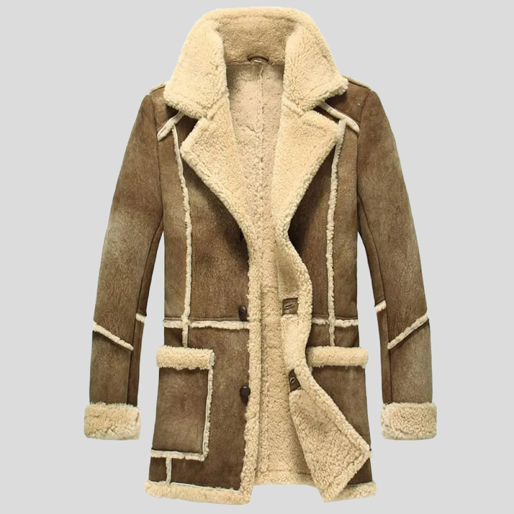 Men's Reacher Style Brown Sheepskin Leather Coat
