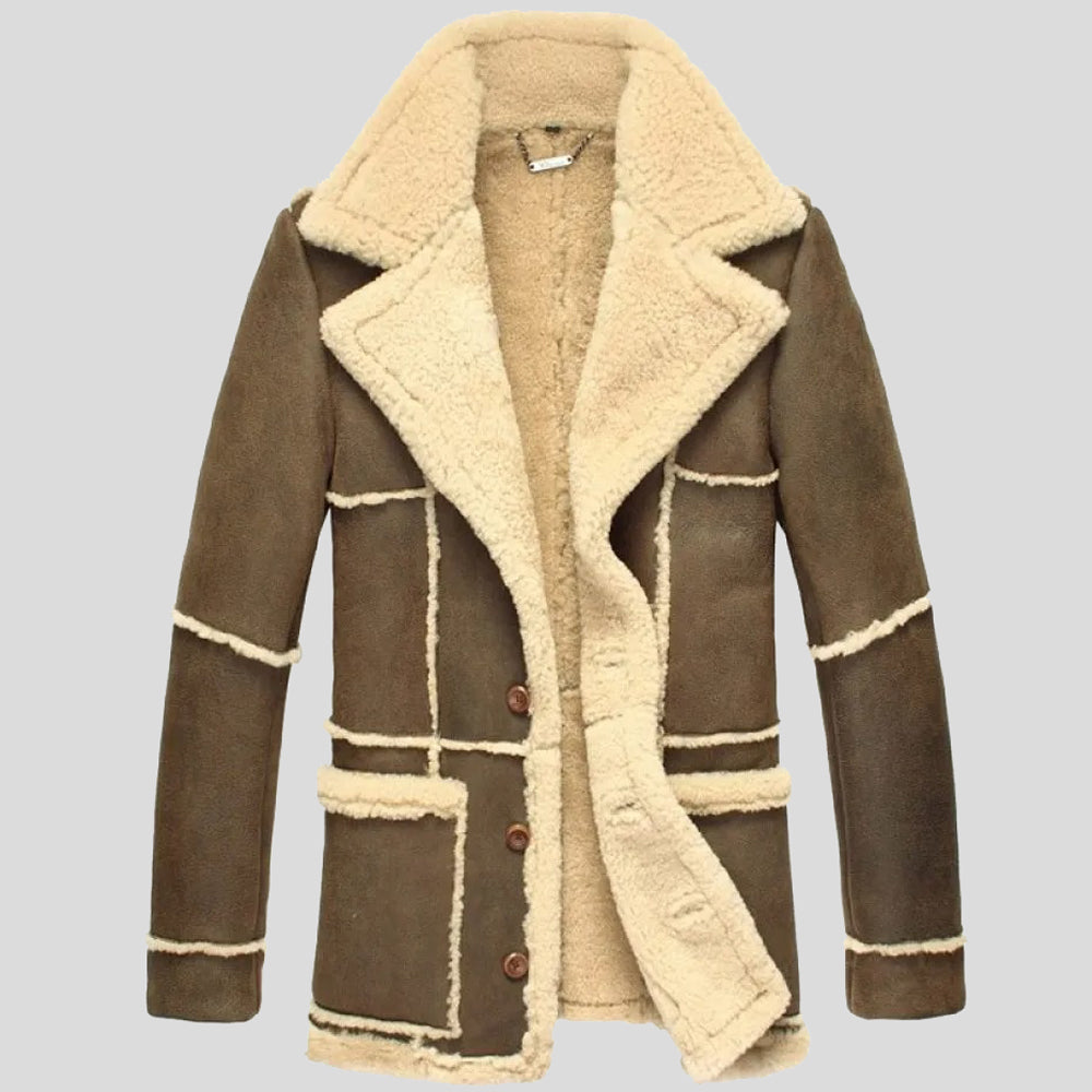 Mens Shearling Brown Sheepskin Leather Coat