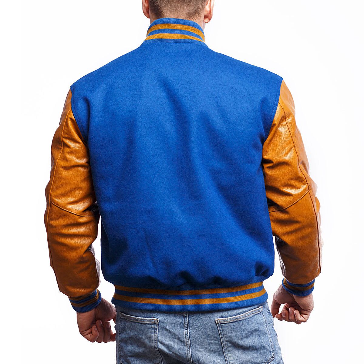 Men's Varsity Leather Jacket In Blue & Brown Sleeves