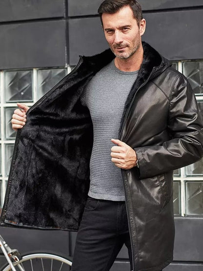 Men's Fur Sheepskin Leather Coat In Black With Hood