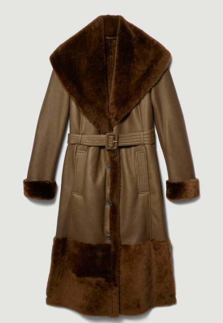 Women's Fur Sheepskin Leather Trench Coat In Dark Brown