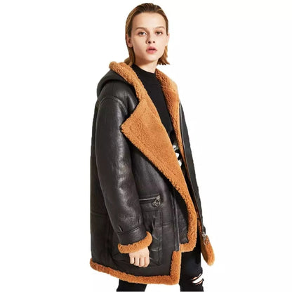Women's Orange Fur Sheepskin Leather Coat In Black