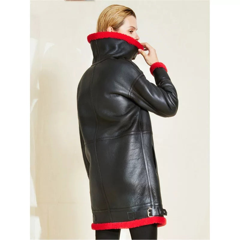 Women's Red Fur Sheepskin Leather Coat In Black