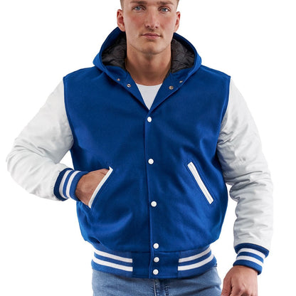Men's Letterman Varsity Leather Jacket In Blue With Hood