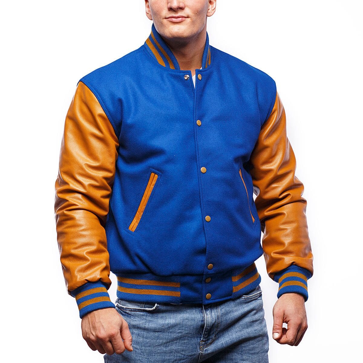 Men's Varsity Leather Jacket In Blue & Brown Sleeves