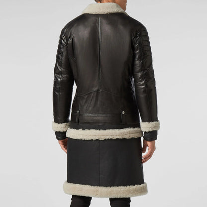 Mens Black Leather Sheepskin Fur Long Coat