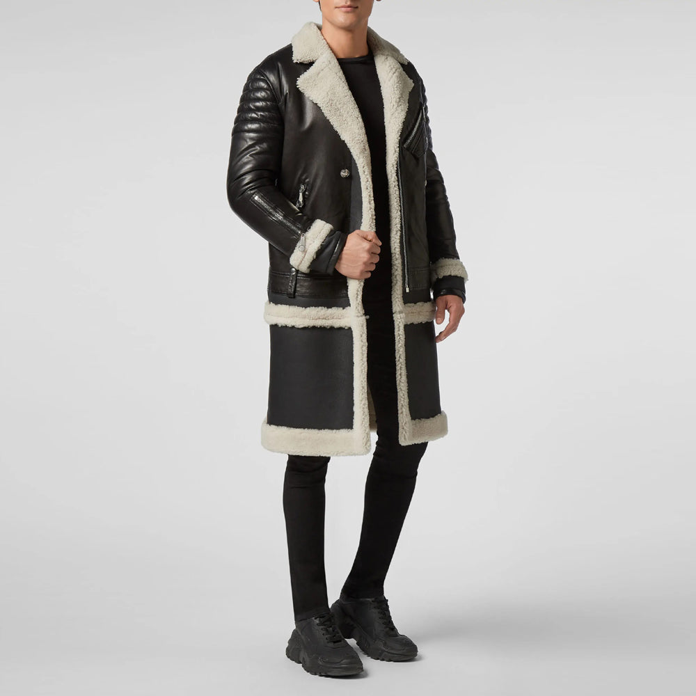 Mens Black Leather Sheepskin Fur Long Coat